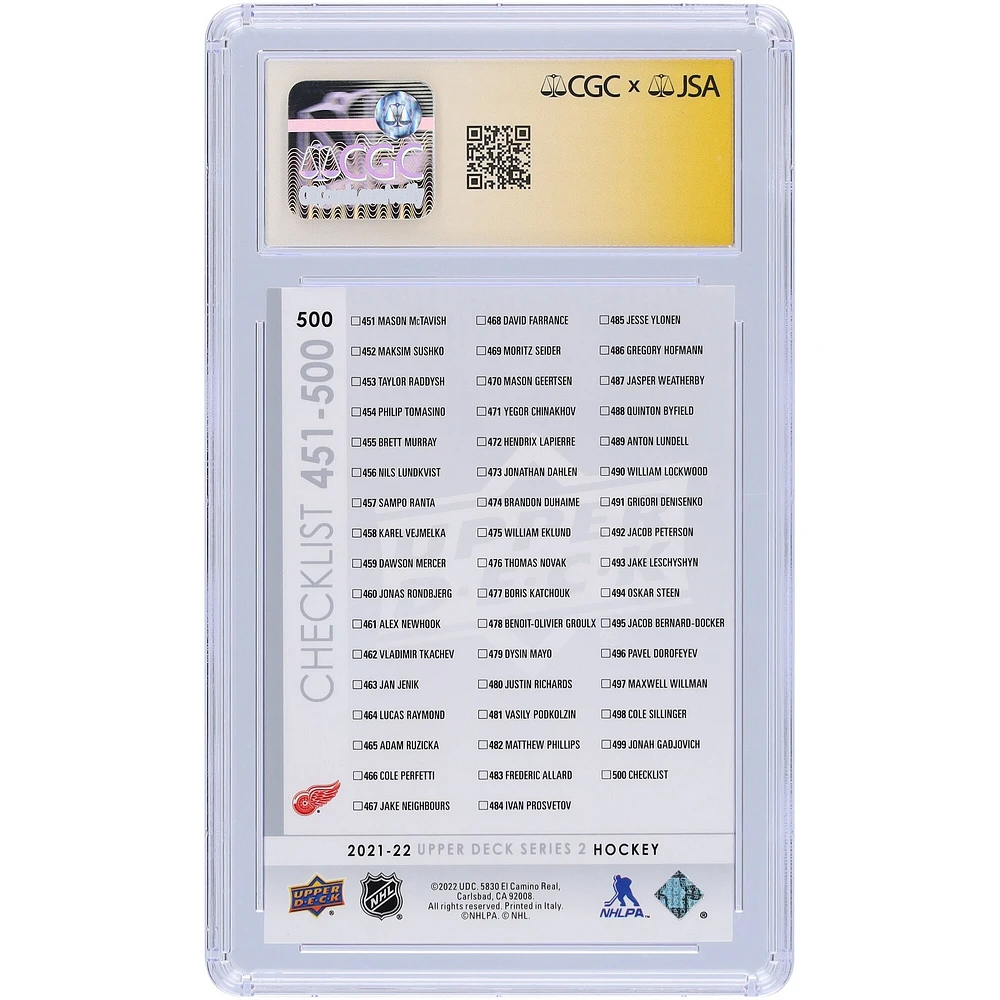 Moritz Seider & Lucas Raymond Detroit Red Wings Autographed 2021-22 Upper Deck Series 2 Young Guns Checklist #500 CGC Fanatics Witnessed Authenticated Rookie Card