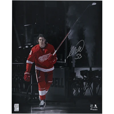 Moritz Seider Detroit Red Wings Autographed 16" x 20" Red Jersey Pregame Photograph