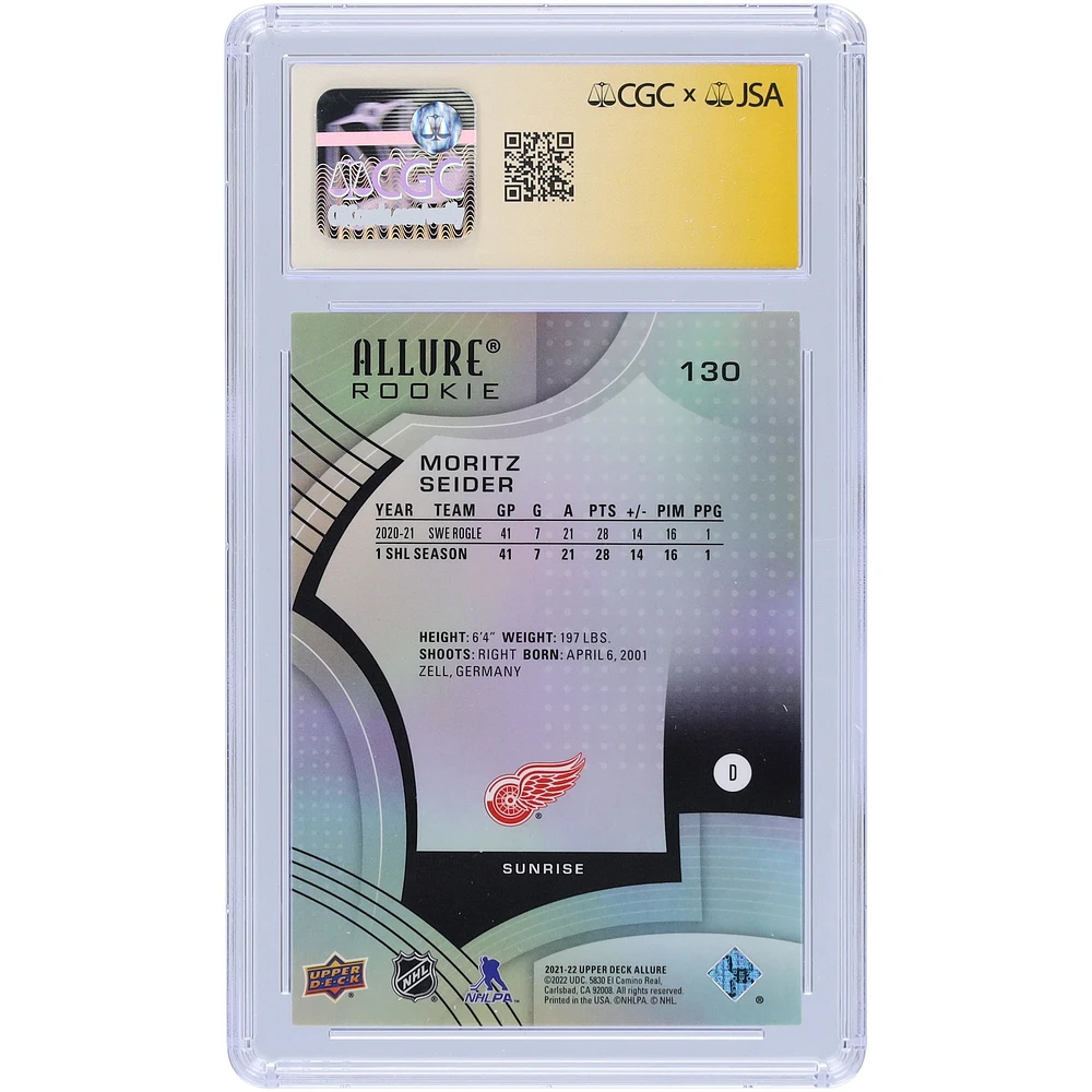Carte recrue autographiée 2021-22 Upper Deck Allure Sunrise #130 de Moritz Seider Detroit Red Wings, CGC Fanatics Witnessed Authenticated Auto 10 Rookie