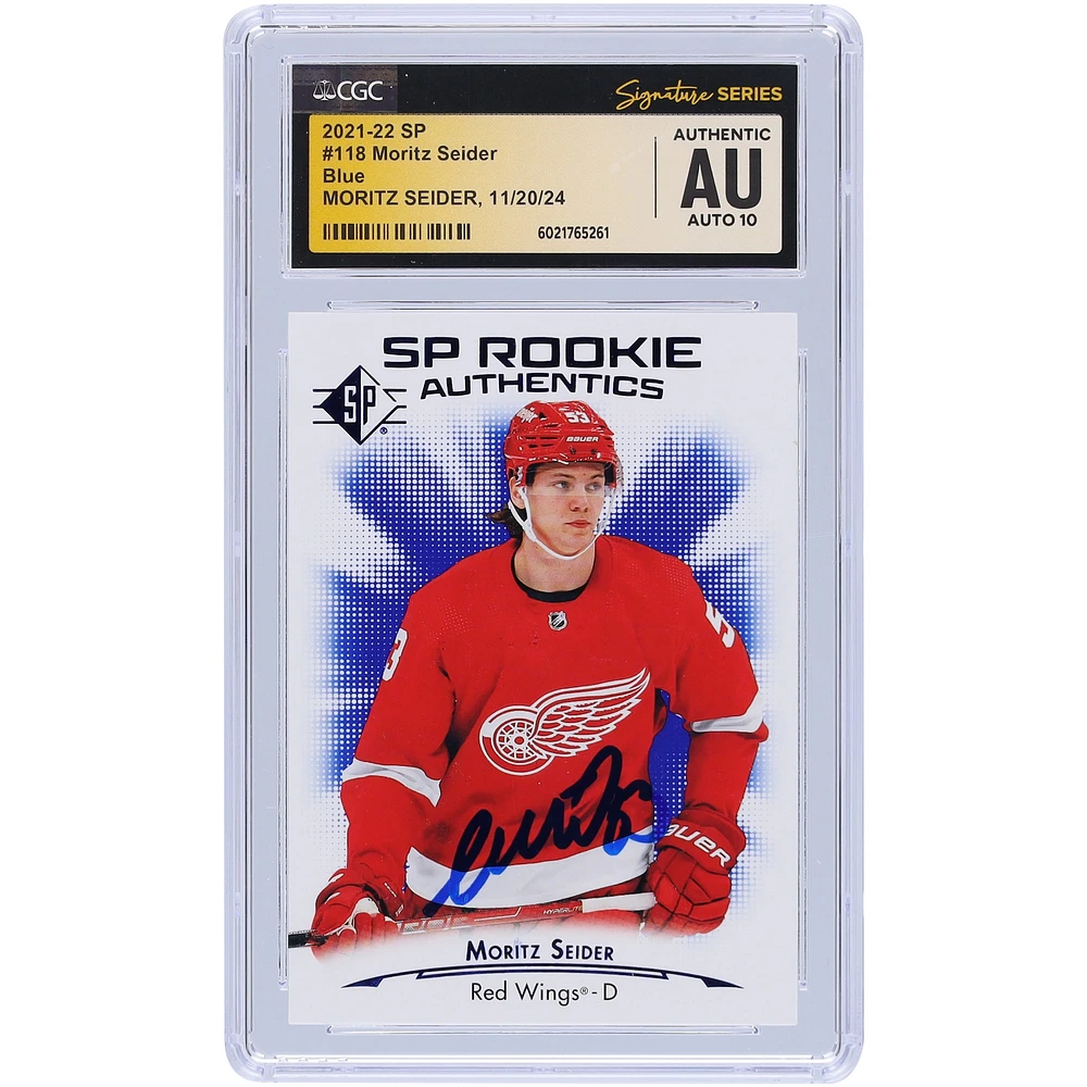 Moritz Seider Detroit Red Wings Autographed 2021-22 Upper Deck SP Blue #118 CGC Fanatics Witnessed Authenticated Auto 10 Rookie Card