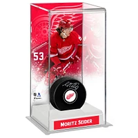 Moritz Seider Detroit Red Wings Autographed Puck with Deluxe Tall Hockey Puck Case