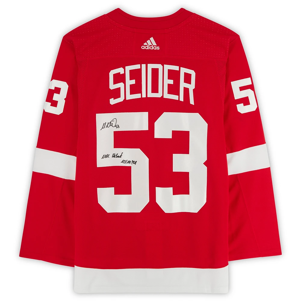 Moritz Seider Red Detroit Red Wings Autographed adidas Authentic Jersey with "NHL Debut 10/14/21" Inscription