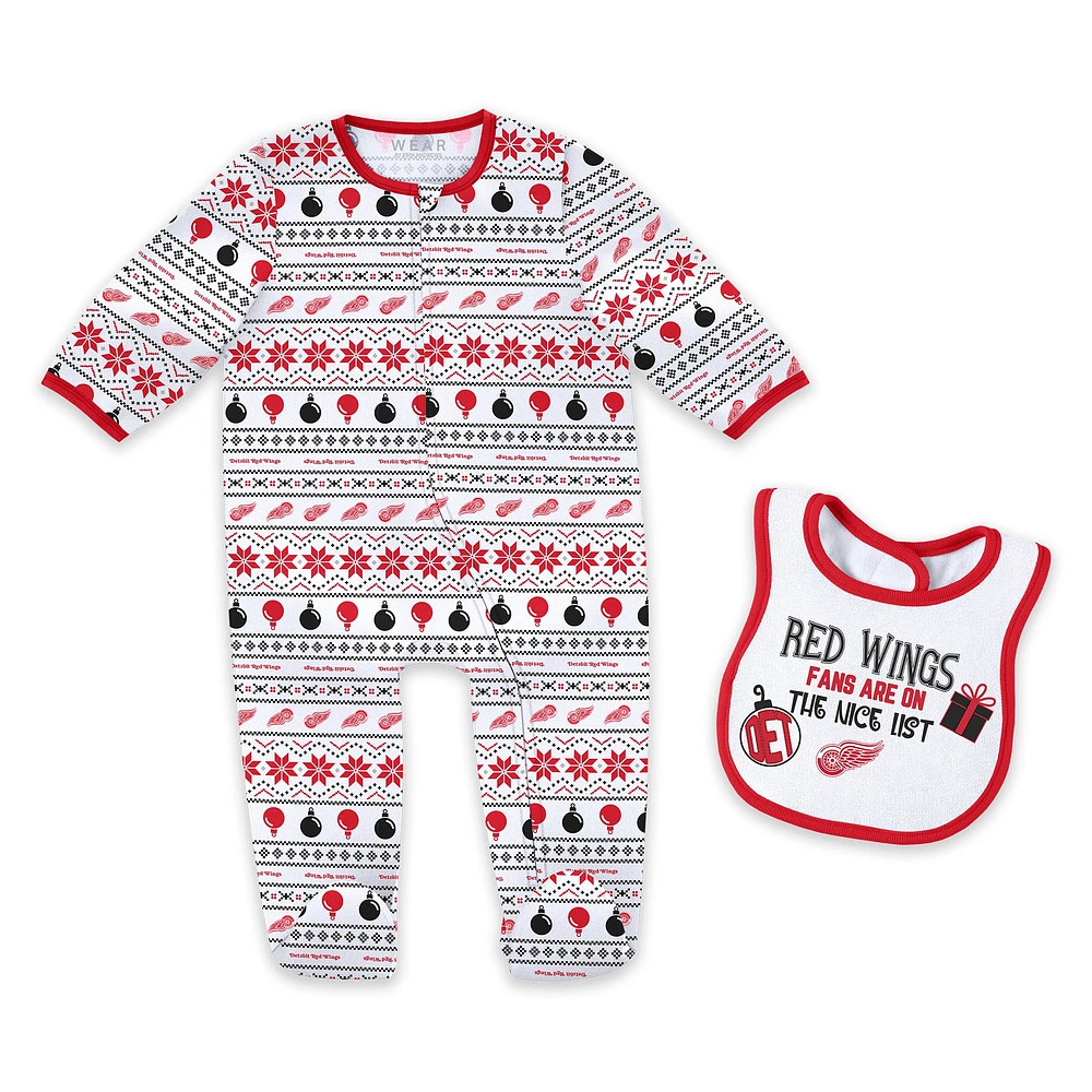 Newborn WEAR by Erin Andrews Detroit Red Wings Allover Print Full-Zip Sleeper & Bib Christmas Set