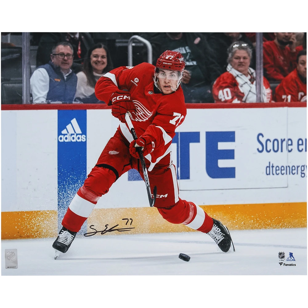 Simon Edvinsson Detroit Red Wings Autographed 16" x 20" Red Jersey Shooting Photograph