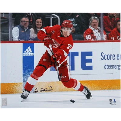 Simon Edvinsson Detroit Red Wings Autographed 16" x 20" Red Jersey Shooting Photograph