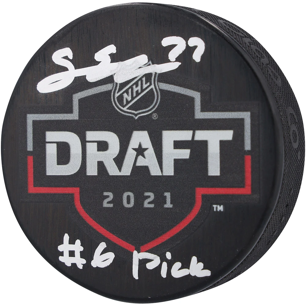 Rondelle de hockey autographiée par Simon Edvinsson des Red Wings de Détroit avec logo du repêchage de la LNH 2021 et inscription « #6 Pick »
