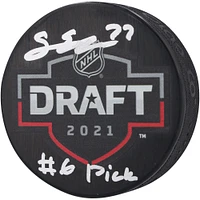 Rondelle de hockey autographiée par Simon Edvinsson des Red Wings de Détroit avec logo du repêchage de la LNH 2021 et inscription « #6 Pick »