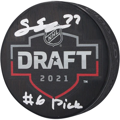 Rondelle de hockey autographiée par Simon Edvinsson des Red Wings de Détroit avec logo du repêchage de la LNH 2021 et inscription « #6 Pick »