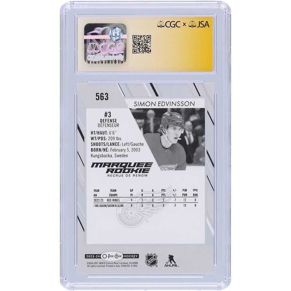 Carte recrue autographiée 2023-24 Upper Deck O-Pee-Chee #563 de Simon Edvinsson Detroit Red Wings, carte Auto 10 authentifiée par les fanatiques de CGC