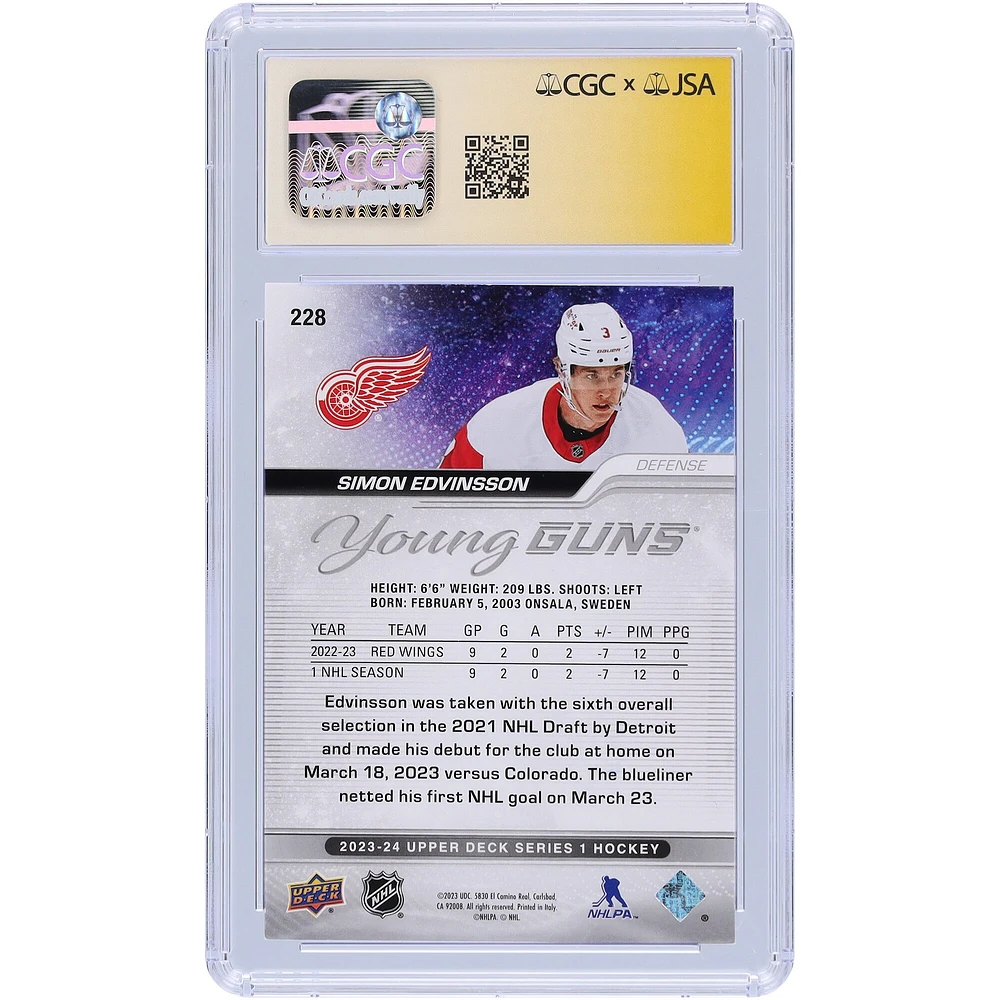 Carte recrue autographiée 2023-24 Upper Deck Series 1 Young Guns #228 CGC Fanatics Witnessed Authenticated Auto 10 Rookie Card de Simon Edvinsson Detroit Red Wings