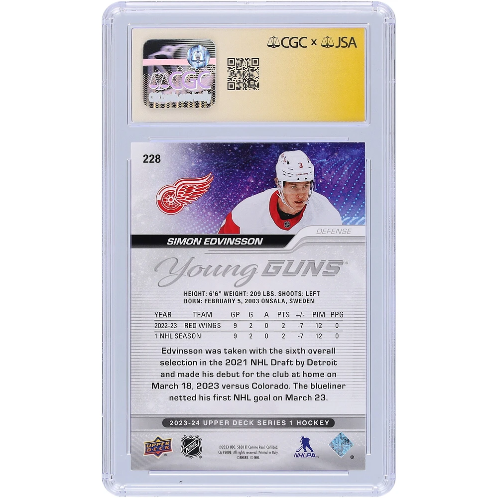 Carte de recrue authentifiée autographiée par Simon Edvinsson Detroit Red Wings 2023-24 Upper Deck Series 1 Young Guns #228 CGC Fanatics