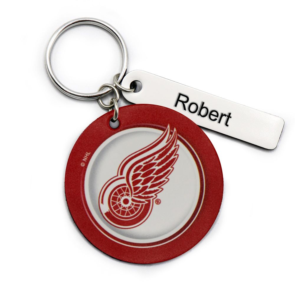 White Detroit Red Wings Personalized Leather Round Keychain