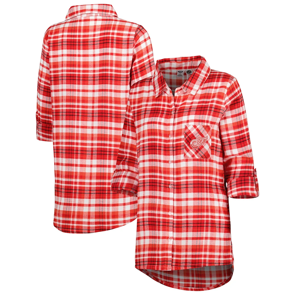 Women's Concepts Sport Red Detroit Wings Mainstay Flannel Full-Button Long Sleeve Nightshirt