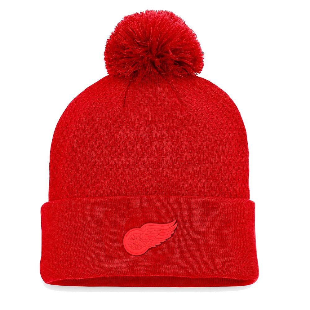 Bonnet en tricot à revers authentique Pro Road Fanatics Red Detroit Red Wings pour femmes avec pompon