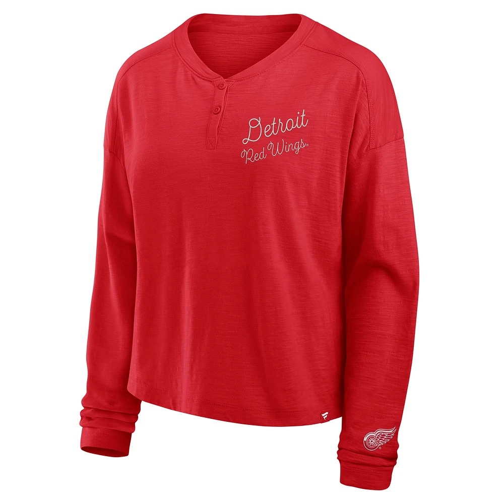 Women's Fanatics Red Detroit Wings Oversized All Out Effort Long Sleeve Henley T-Shirt
