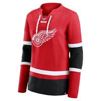 Women's Fanatics Red Detroit Wings Prime Time Lace-Up Long Sleeve T-Shirt