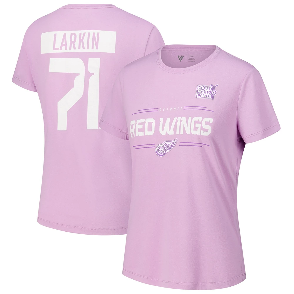 Women's Levelwear Dylan Larkin Lavender Detroit Red Wings Hockey Fights Cancer Anthem Name & Number T-Shirt