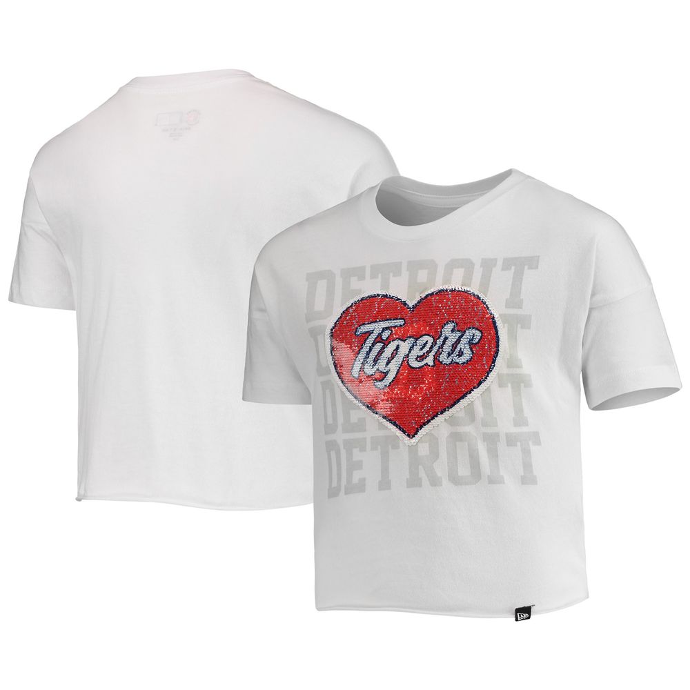 Girls Youth New Era White Detroit Tigers Flip Sequin Heart Crop Top