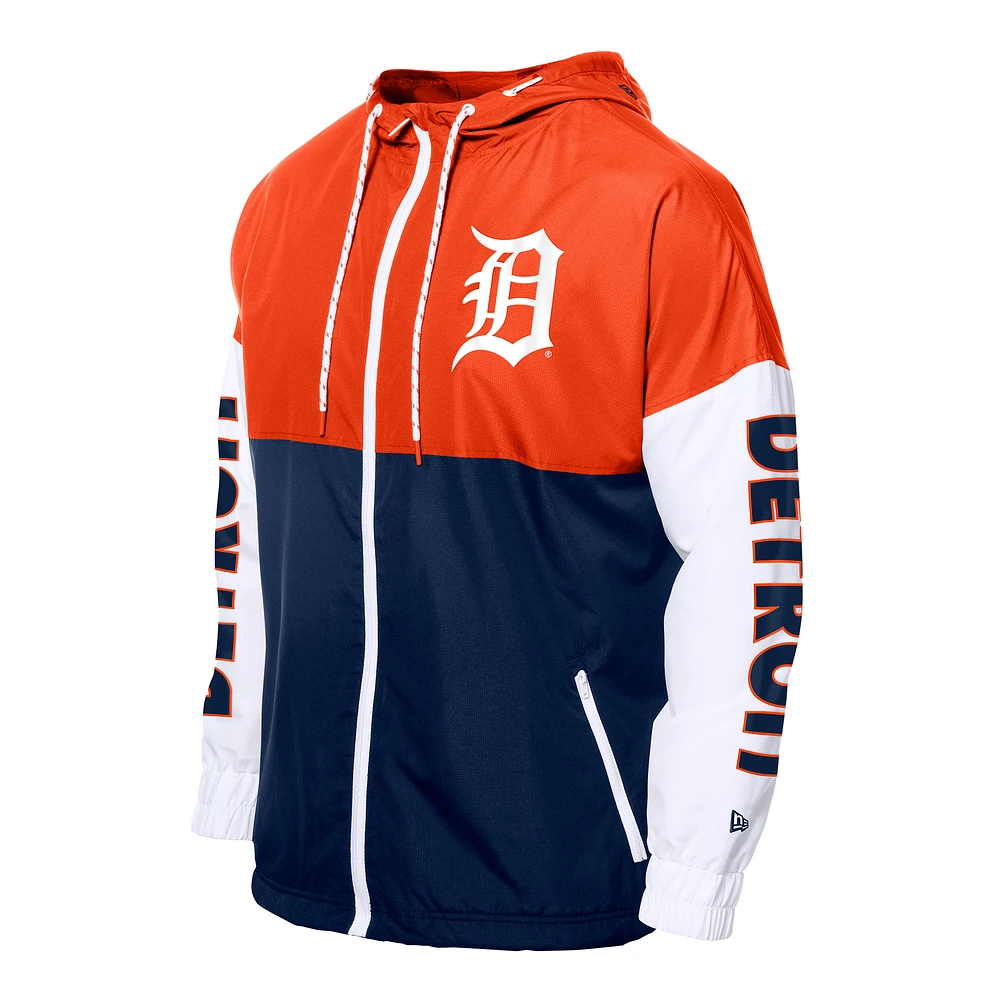 Coupe-vent à capuche entièrement zippé New Era bleu marine/orange Detroit Tigers pour homme