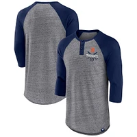 Fanatics pour hommes gris chiné/marine Detroit Tigers emblématique au-dessus de la chaleur mouchetée Raglan Henley T-shirt à manches 3/4