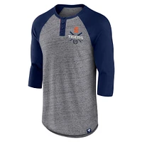 Fanatics pour hommes gris chiné/marine Detroit Tigers emblématique au-dessus de la chaleur mouchetée Raglan Henley T-shirt à manches 3/4