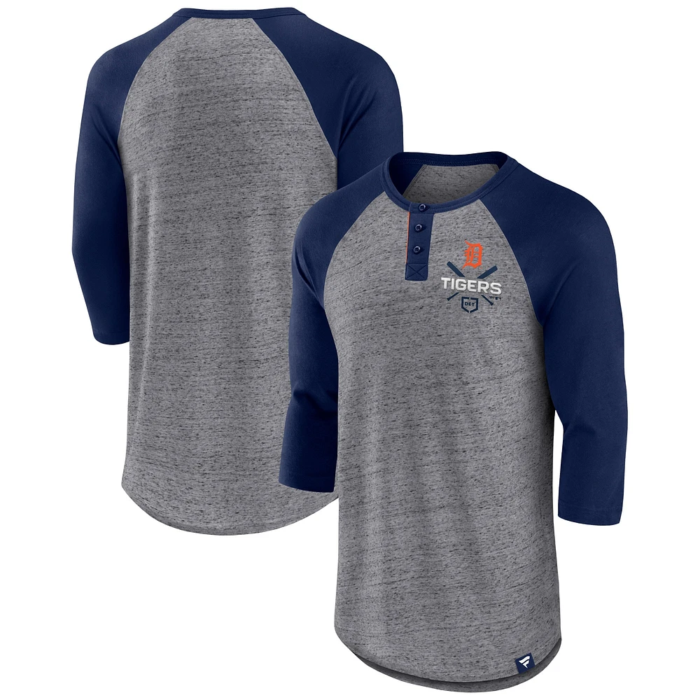 Men's Fanatics Heathered Gray/Navy Detroit Tigers Iconic Above Heat Speckled Raglan Henley 3/4 Sleeve T-Shirt