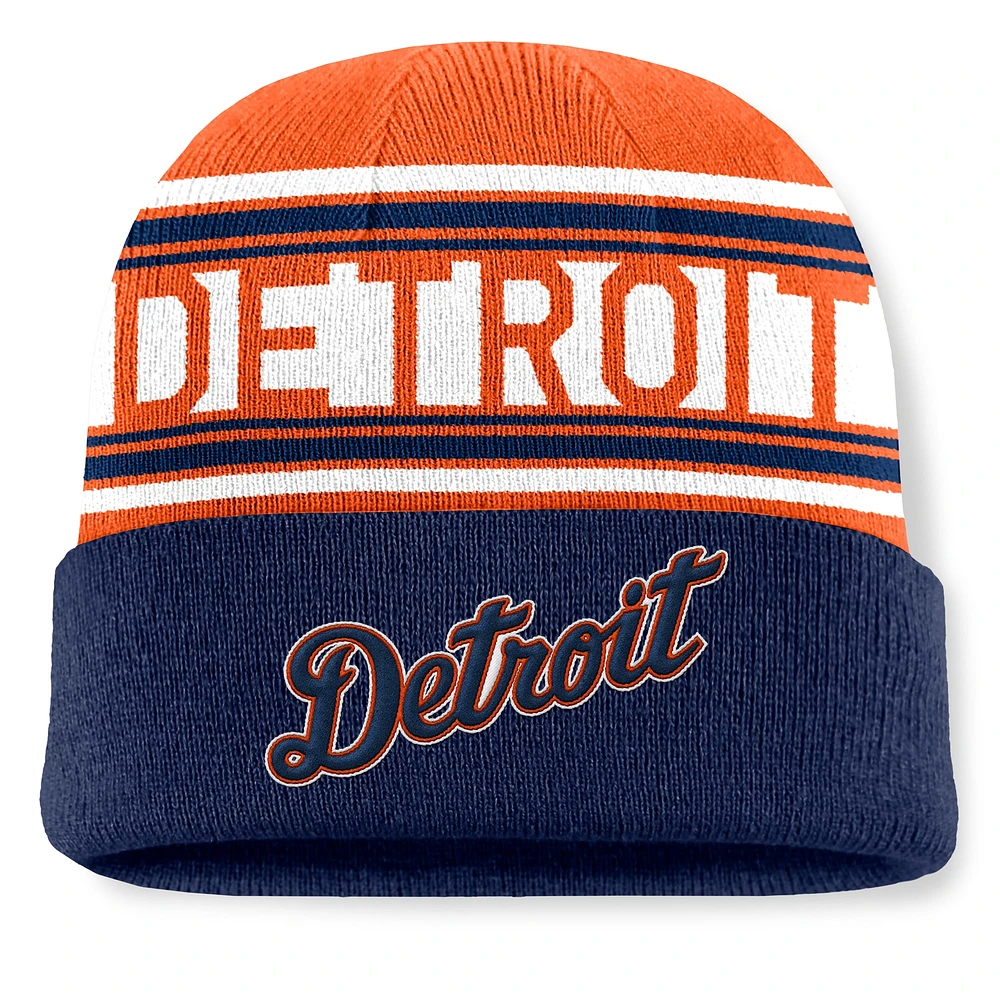 Bonnet en tricot à revers à rayures fondamentales pour hommes des Detroit Tigers de la marque Fanatics bleu marine