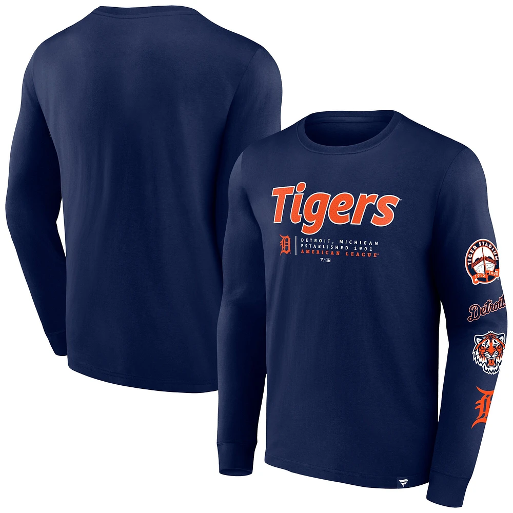 T-shirt à manches longues Fanatics Navy Detroit Tigers Strike the Goal pour hommes