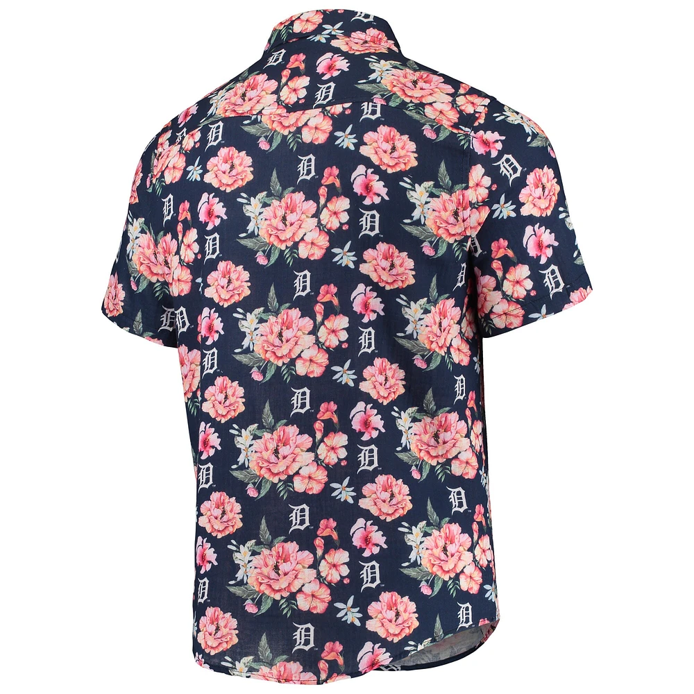 Chemise boutonnée en lin à fleurs Detroit Tigers FOCO pour homme, bleu marine