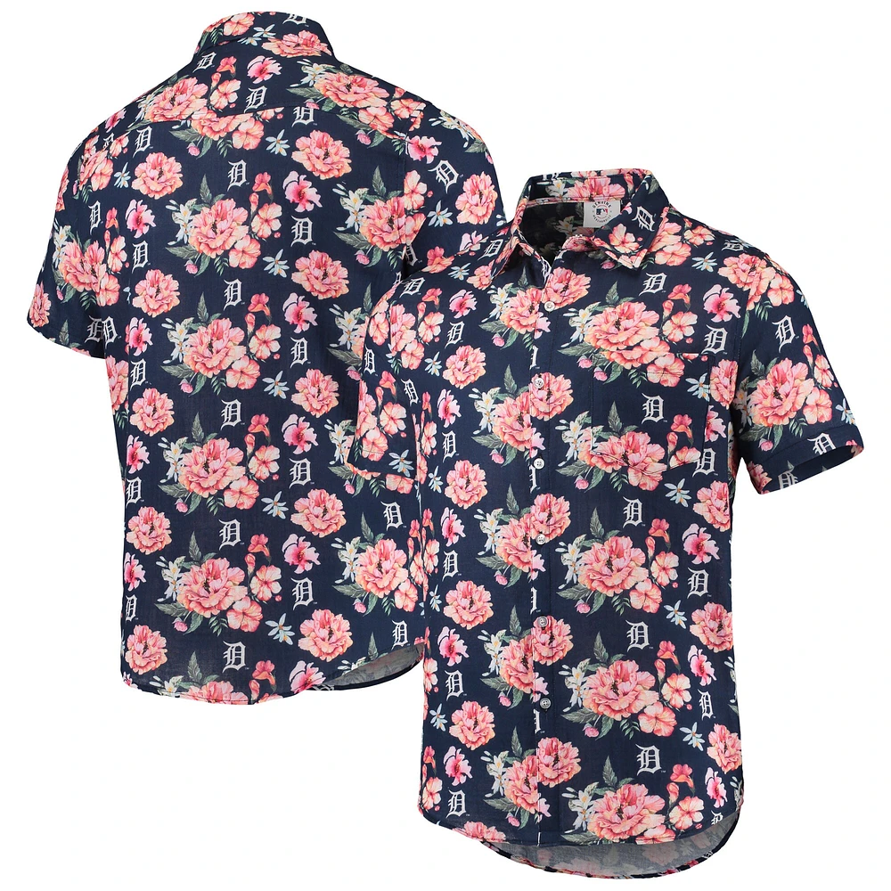 Chemise boutonnée en lin à fleurs Detroit Tigers FOCO pour homme, bleu marine