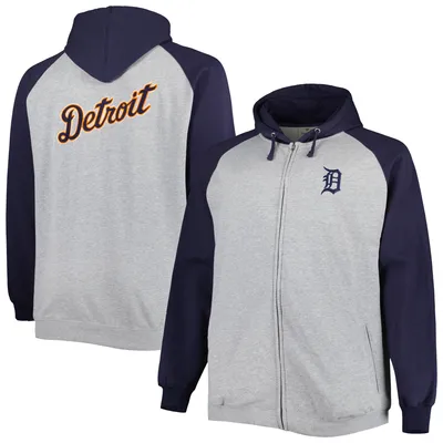 Detroit Tigers Big & Tall Raglan Hoodie Full-Zip Sweatshirt - Heather Gray/Navy
