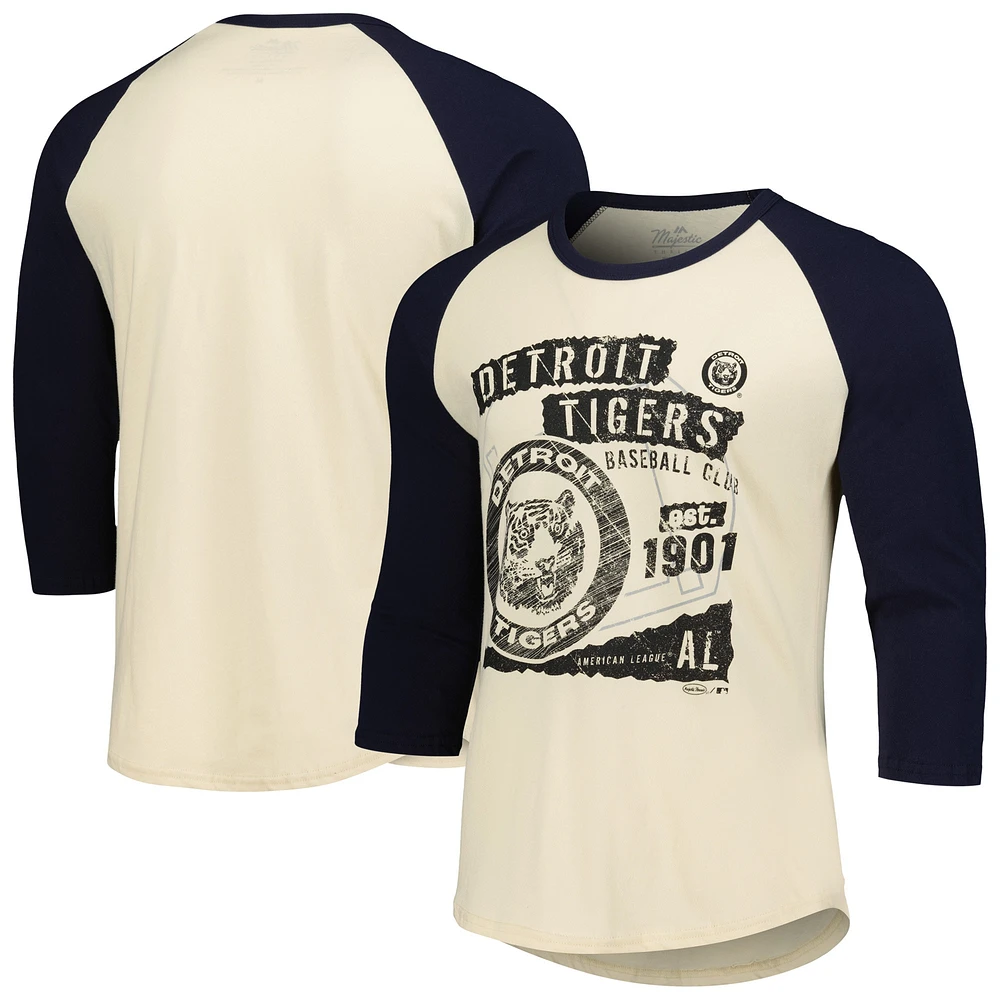 Men's Majestic Threads Cream/Navy Detroit Tigers Raglan 3/4-Sleeve T-Shirt