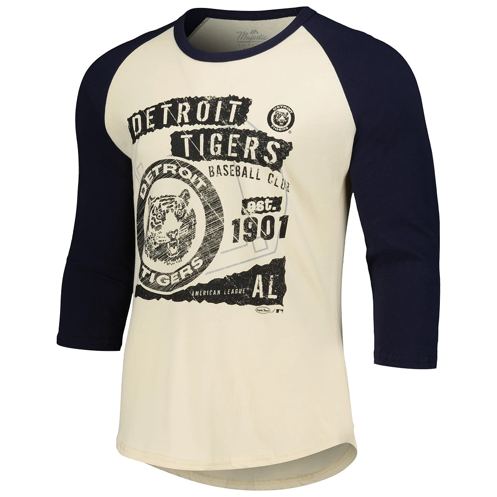 Men's Majestic Threads Cream/Navy Detroit Tigers Raglan 3/4-Sleeve T-Shirt