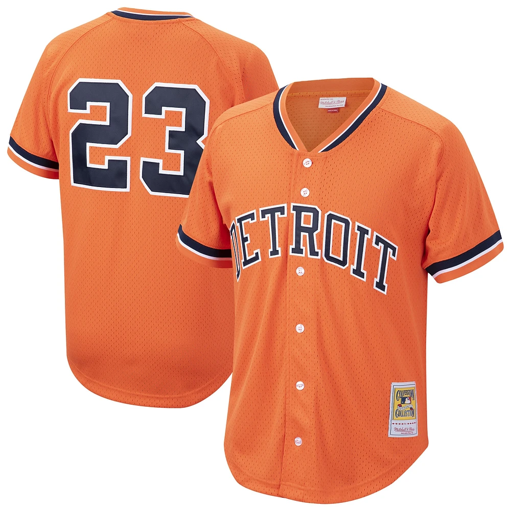 Maillot d'entraînement au bâton boutonné en maille pour homme Mitchell & Ness Kirk Gibson Orange Detroit Tigers Cooperstown Collection