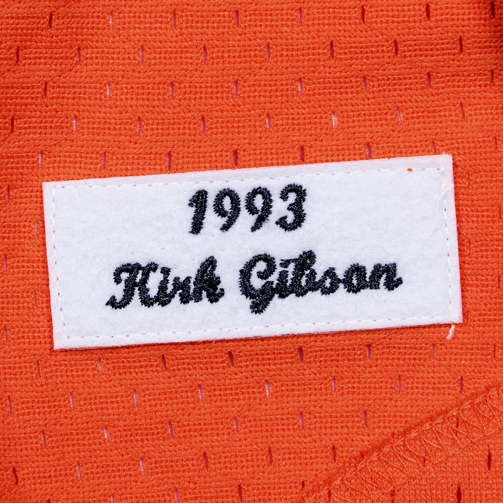 Maillot d'entraînement au bâton boutonné en maille pour homme Mitchell & Ness Kirk Gibson Orange Detroit Tigers Cooperstown Collection