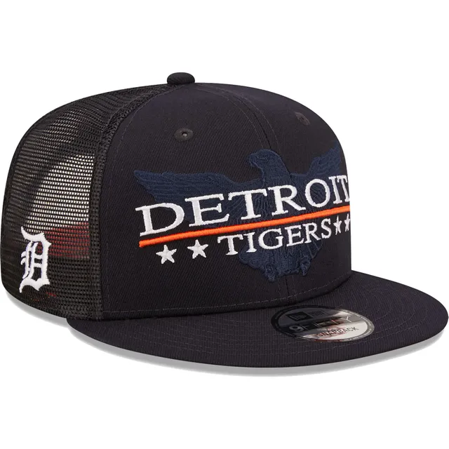 Men's White, Navy Detroit Tigers Team Stripe Trucker 9Forty Snapback Hat