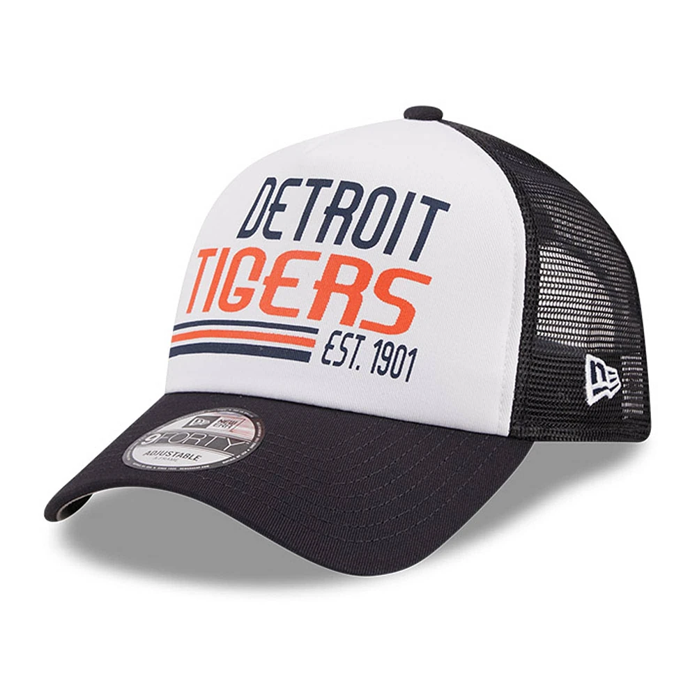 Men's New Era White/Navy Detroit Tigers Stacked A-Frame Trucker 9FORTY Adjustable Hat