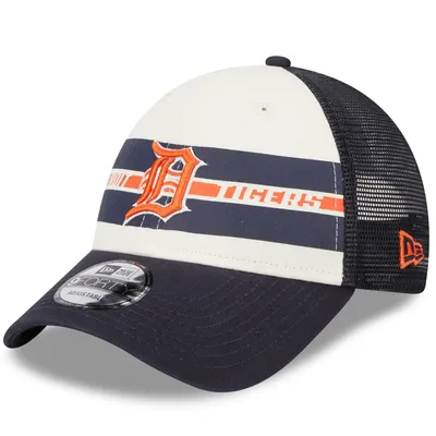 Detroit Tigers New Era Team Stripe Trucker 9FORTY Snapback Hat - White/Navy