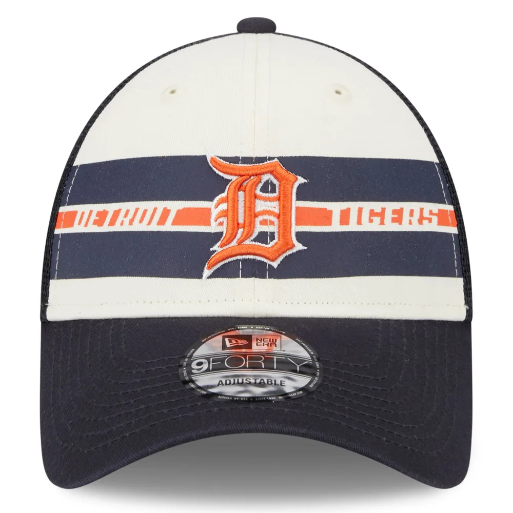 Men's New Era White/Navy Detroit Tigers Team Stripe Trucker 9FORTY Snapback Hat