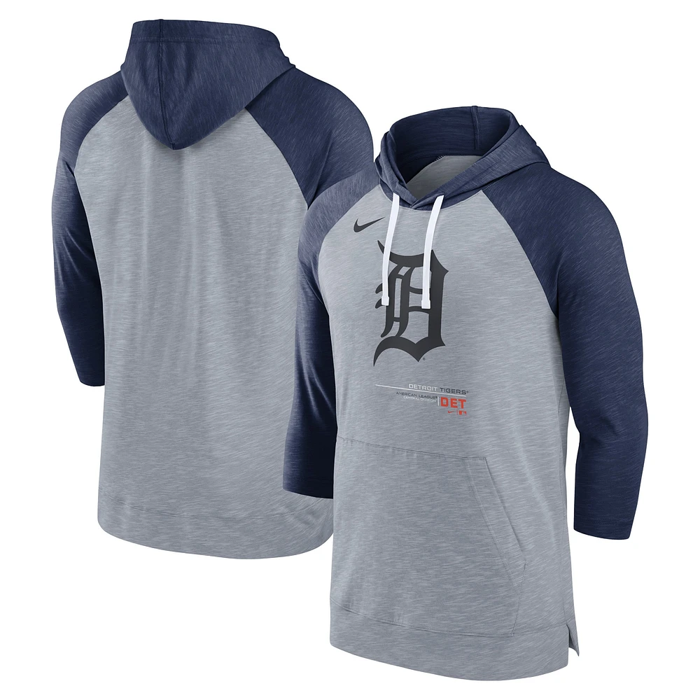 Chandail à capuchon manches 3/4 raglan baseball Detroit Tigers Nike pour homme, gris chiné/bleu marine chiné