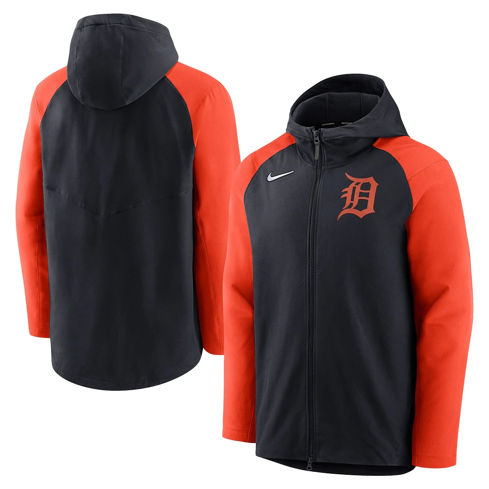 Sweat à capuche et fermeture éclair pleine longueur raglan Performance Nike pour homme, bleu marine/orange Detroit Tigers Authentic Collection