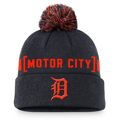 Bonnet en tricot à revers Nike pour hommes, bleu marine, Detroit Tigers Hometown Peak avec pompon