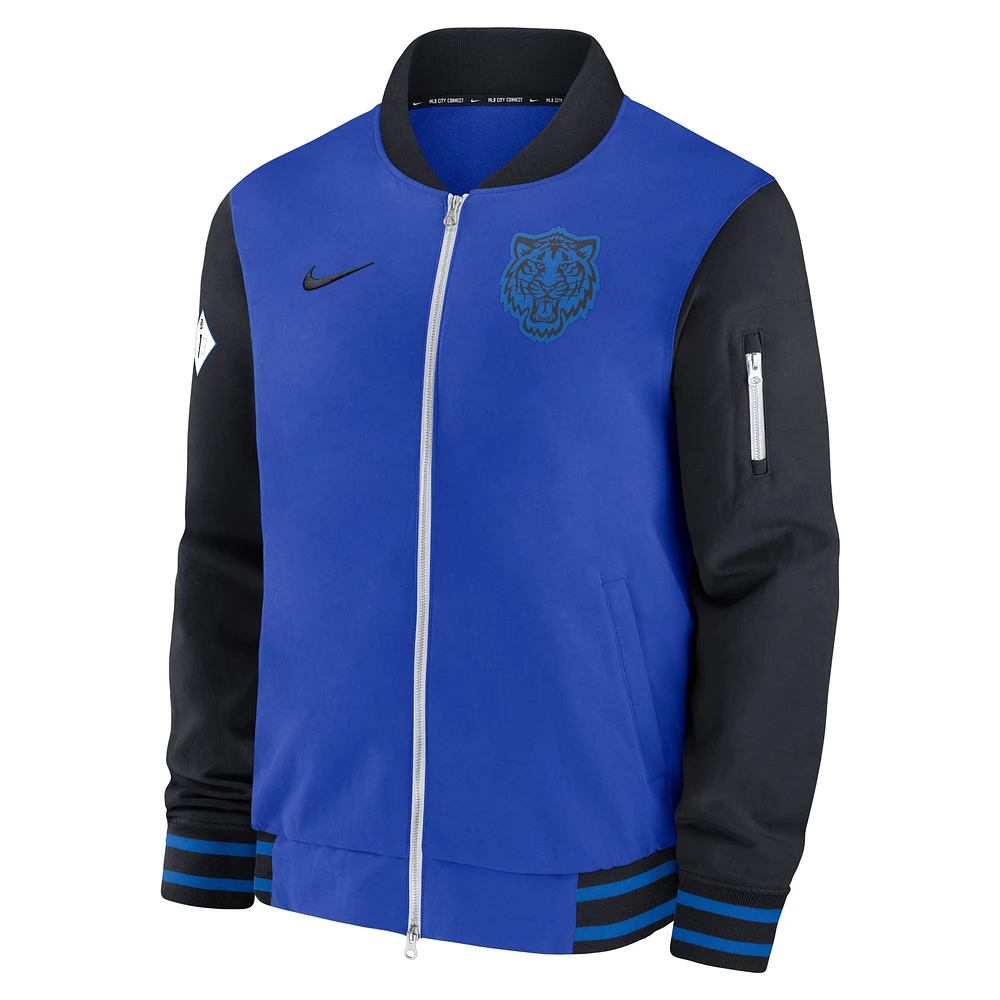 Blouson aviateur entièrement zippé Nike Royal Detroit Tigers 2024 City Connect Authentic Collection Game Time pour homme