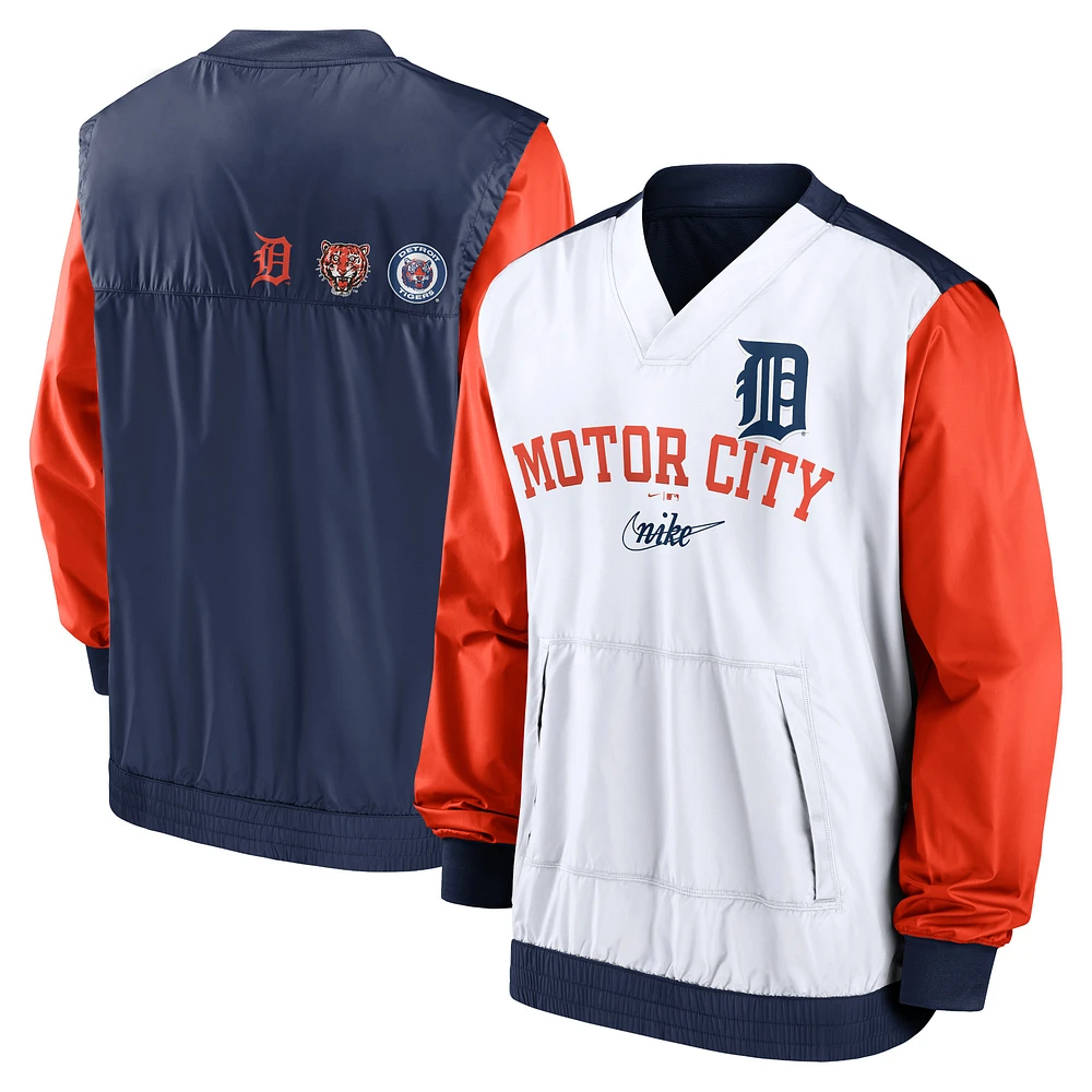 Veste à enfiler col en V Nike pour homme, blanc/bleu marine, Detroit Tigers Rewind Warmup