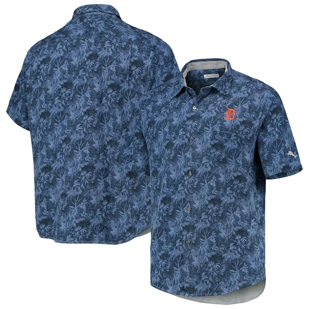 Detroit Tigers Tommy Bahama Jungle Shade Silk Camp Button-Up Shirt - Navy