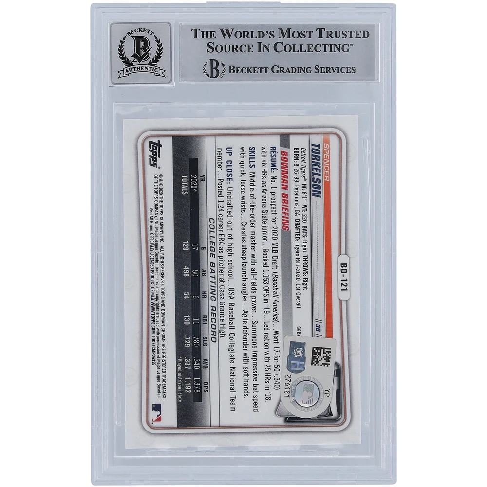 Spencer Torkelson Detroit Tigers Autographed 2020 Bowman Chrome Draft #BD-121 Beckett Fanatics Witnessed Authenticated 9/10 Rookie Card with "MLB Debut 4/8/2022" Inscription