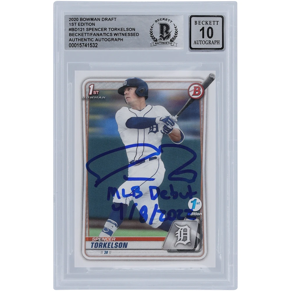 Spencer Torkelson Detroit Tigers Autographed 2020 Bowman Draft 1st Edition #BD-121 Beckett Fanatics Witnessed Authenticated 10 Rookie Card with "MLB Debut 4/8/2022" Inscription
