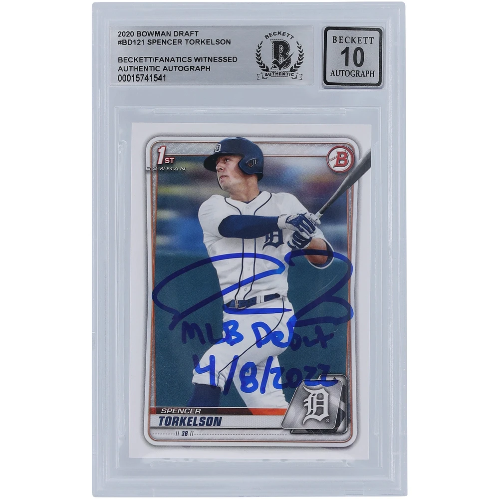Spencer Torkelson Detroit Tigers Autographed 2020 Bowman Draft #BD-121 Beckett Fanatics Witnessed Authenticated 10 Rookie Card with "MLB Debut 4/8/2022" Inscription
