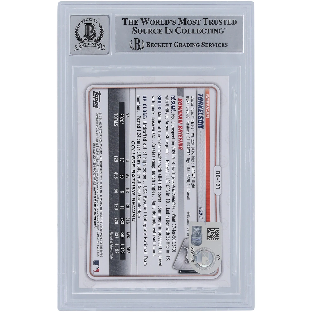 Spencer Torkelson Detroit Tigers Autographed 2020 Bowman Draft #BD-121 Beckett Fanatics Witnessed Authenticated 10 Rookie Card with "MLB Debut 4/8/2022" Inscription