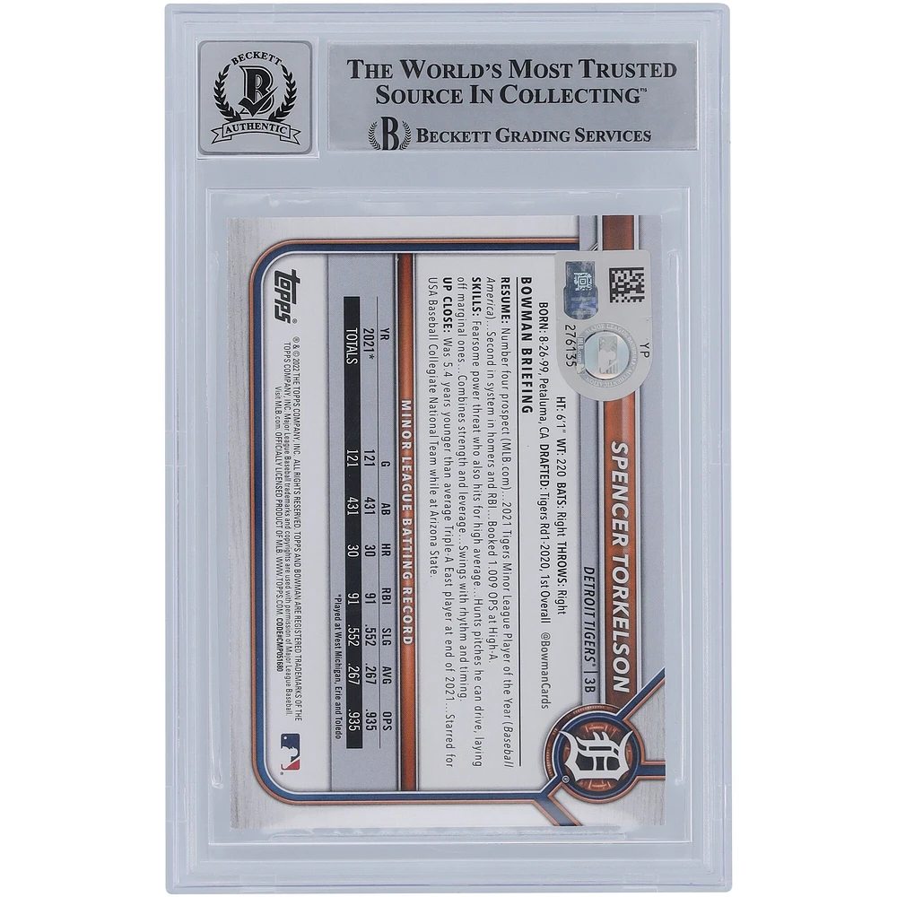 Spencer Torkelson Detroit Tigers Autographed 2022 Bowman Purple #BP6 #/250 Beckett Fanatics Witnessed Authenticated 9/10 Rookie Card